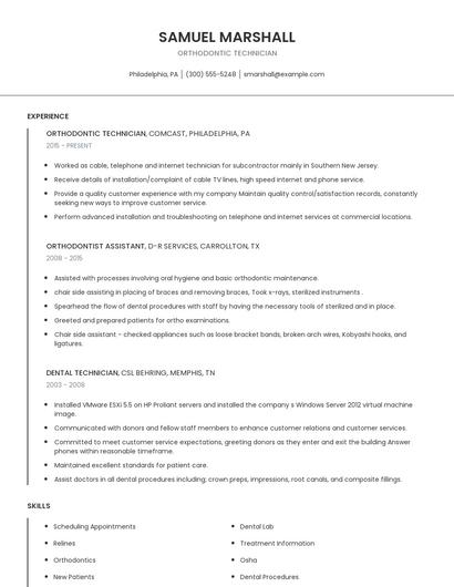 Orthodontic Technician Resume