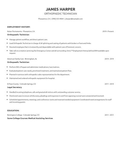 Orthopaedic Technician Resume