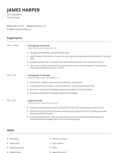 Orthopaedic Technician Resume