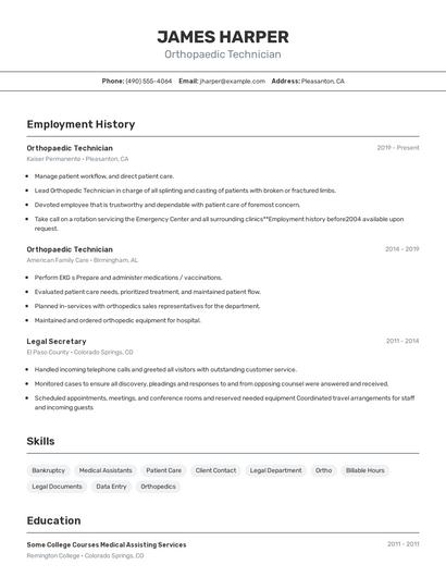 Orthopaedic Technician Resume