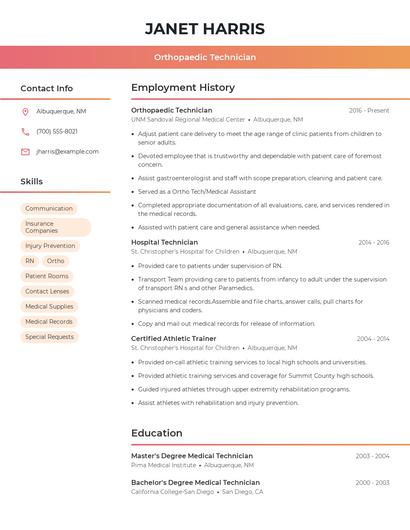 Orthopaedic Technician Resume