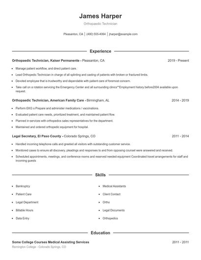 Orthopaedic Technician Resume