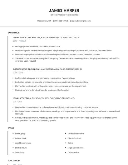 Orthopaedic Technician Resume