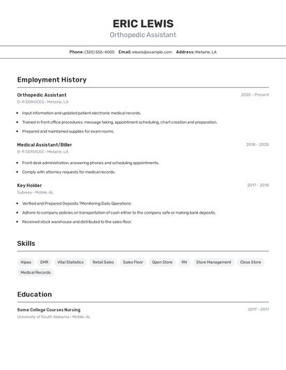 Orthopedic Assistant Resume