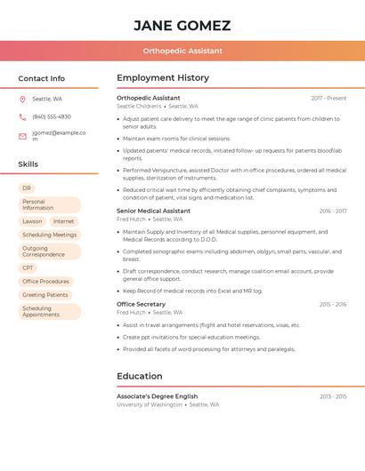 Orthopedic Assistant Resume