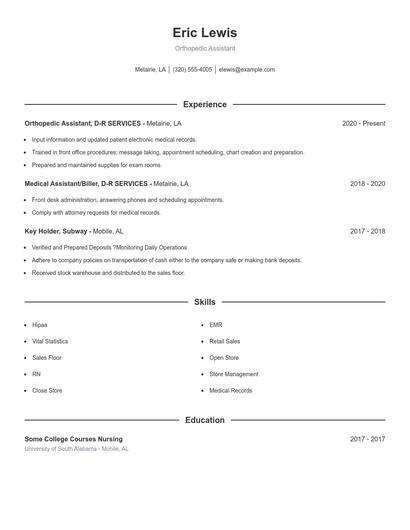Orthopedic Assistant Resume