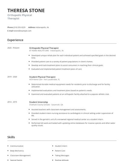 Orthopedic Physical Therapist Resume