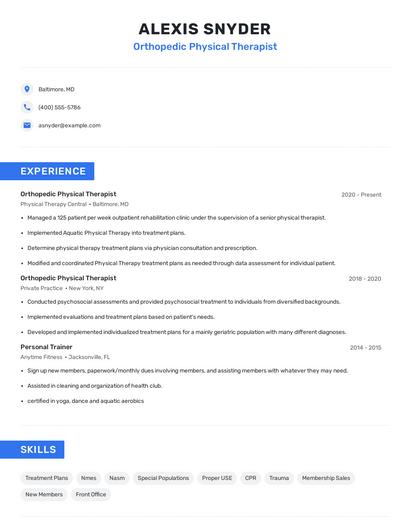 Orthopedic Physical Therapist Resume