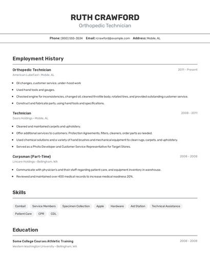 Orthopedic Technician Resume