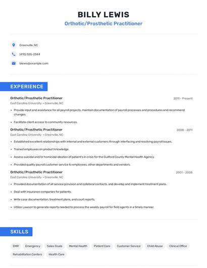 Orthotic/Prosthetic Practitioner Resume