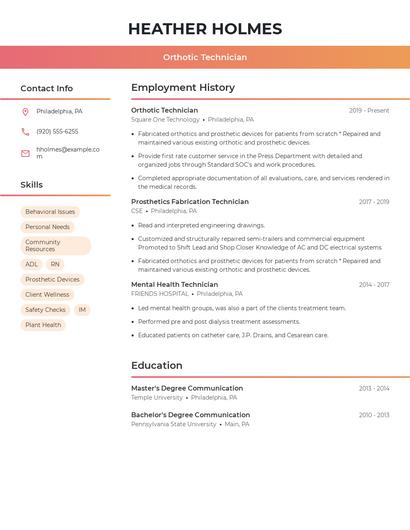 Orthotic Technician Resume