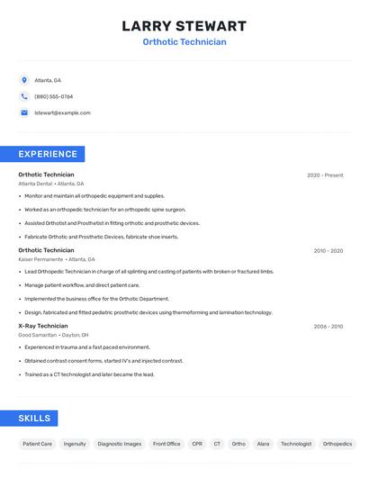 Orthotic Technician Resume