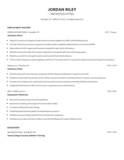 Orthotics Fitter Resume