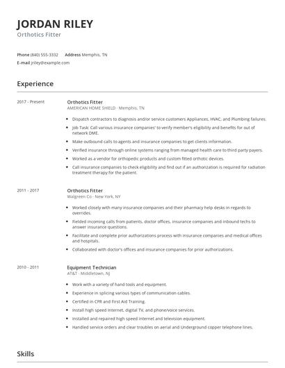 Orthotics Fitter Resume