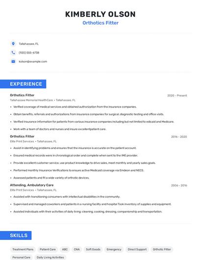 Orthotics Fitter Resume