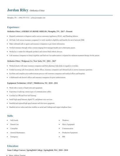 Orthotics Fitter Resume