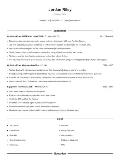 Orthotics Fitter Resume