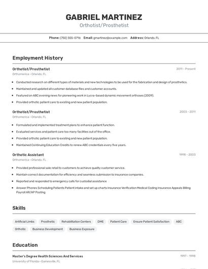 Orthotist/Prosthetist Resume