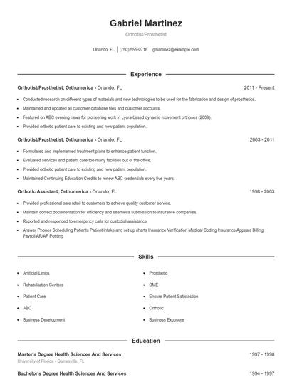 Orthotist/Prosthetist Resume