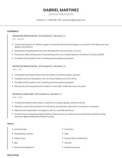 Orthotist/Prosthetist Resume