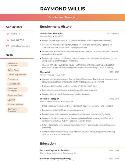 Out-Patient Therapist Resume