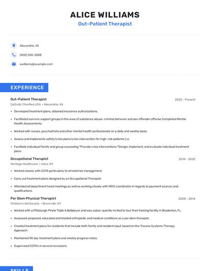 Out-Patient Therapist Resume