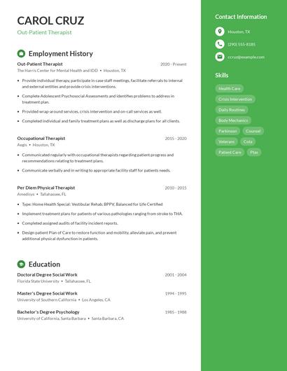 Out-Patient Therapist Resume
