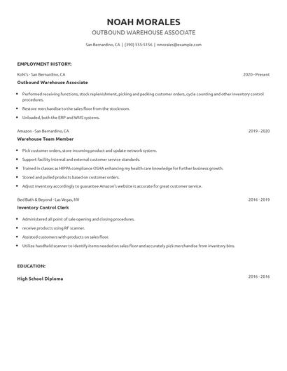 Outbound Warehouse Associate Resume