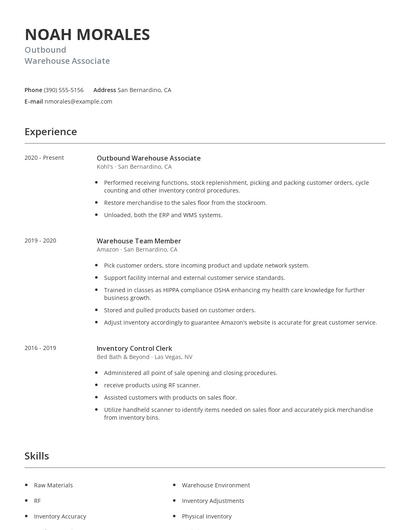 Outbound Warehouse Associate Resume