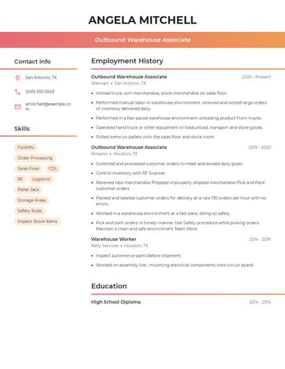 Outbound Warehouse Associate Resume