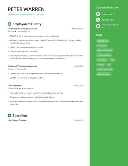 Outbound Warehouse Associate Resume