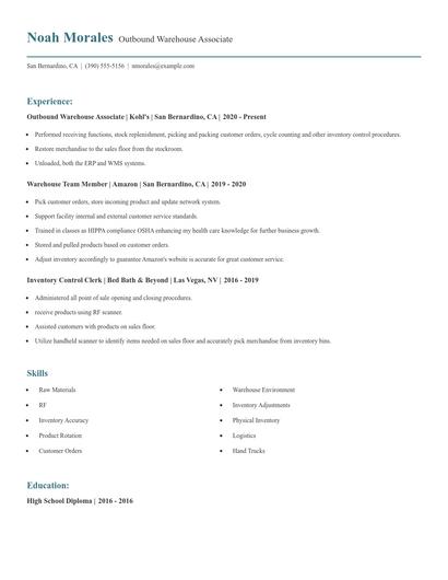 Outbound Warehouse Associate Resume