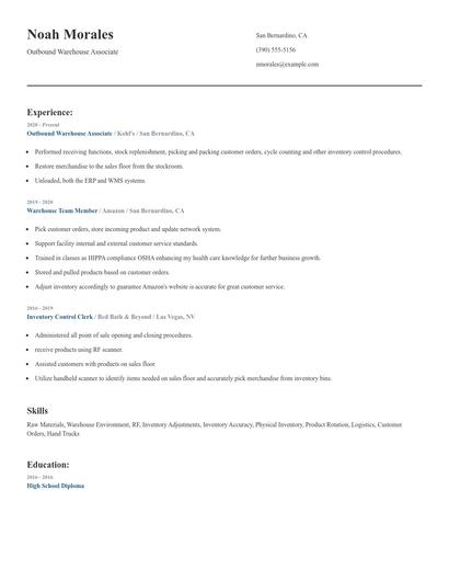 Outbound Warehouse Associate Resume