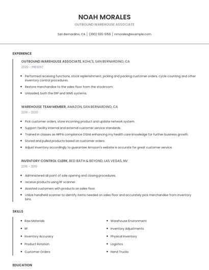 Outbound Warehouse Associate Resume