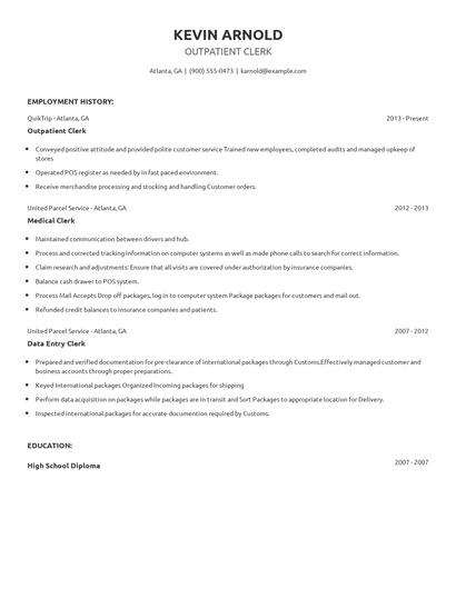 Outpatient Clerk Resume
