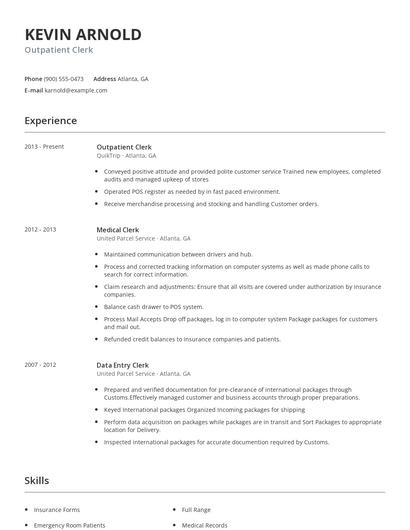 Outpatient Clerk Resume
