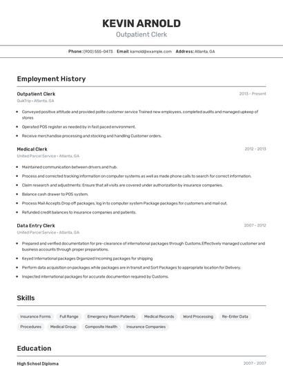 Outpatient Clerk Resume