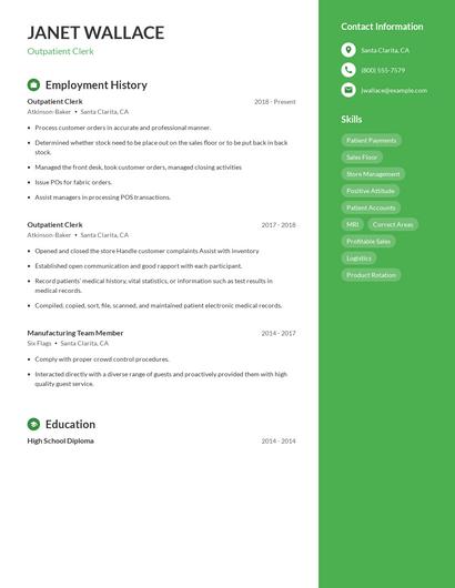 Outpatient Clerk Resume
