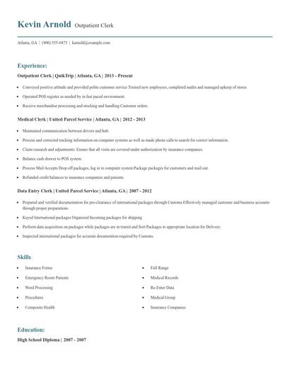Outpatient Clerk Resume