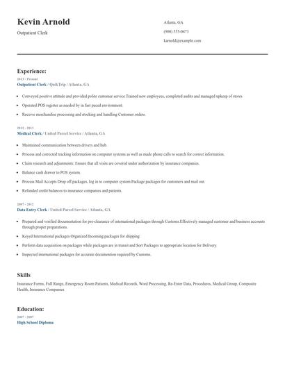 Outpatient Clerk Resume