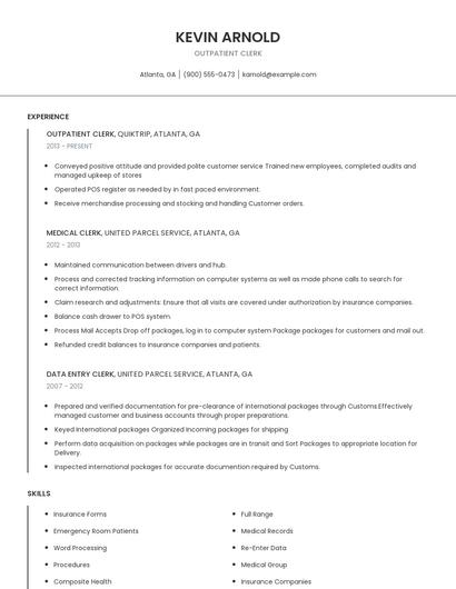 Outpatient Clerk Resume