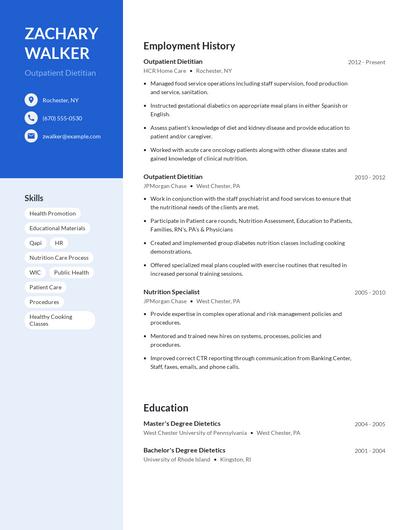 Outpatient Dietitian Resume