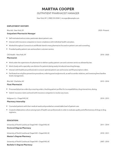 Outpatient Pharmacist Manager Resume