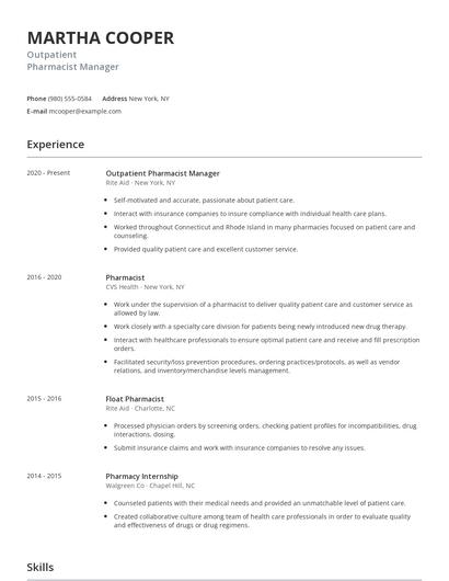 Outpatient Pharmacist Manager Resume
