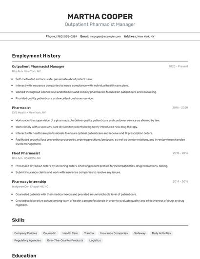 Outpatient Pharmacist Manager Resume