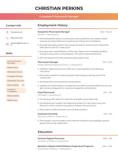 Outpatient Pharmacist Manager Resume