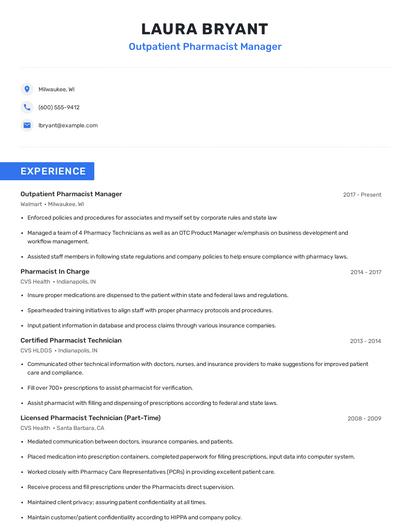 Outpatient Pharmacist Manager Resume