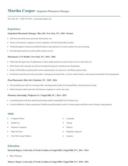 Outpatient Pharmacist Manager Resume