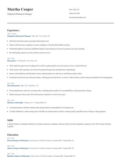 Outpatient Pharmacist Manager Resume