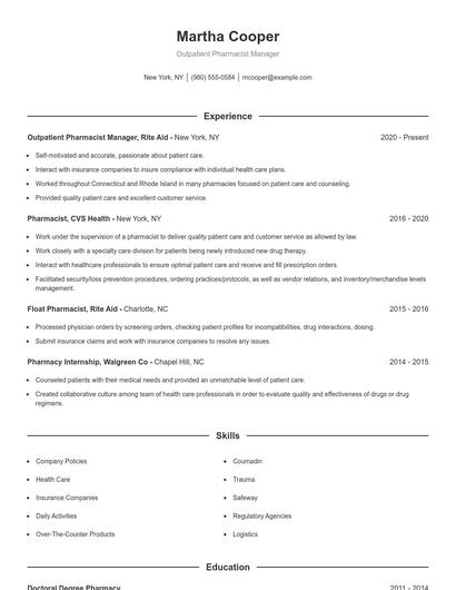 Outpatient Pharmacist Manager Resume